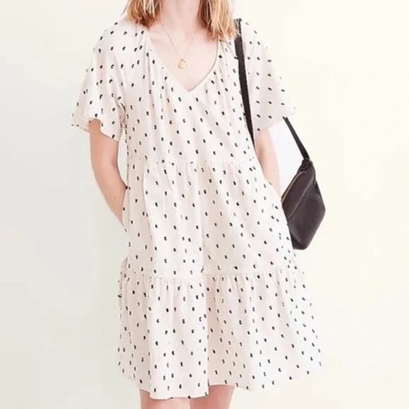 Madewell Lorelei Linen Blend Mini Dress Tiered Cream Cotton Clip Dot size M - Picture 1 of 14